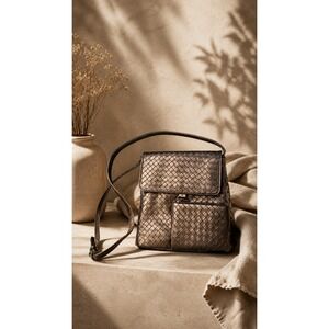 Vegan Leather Woven Metallic Copper Crossbody Bag Minimalist Lightweight Purse